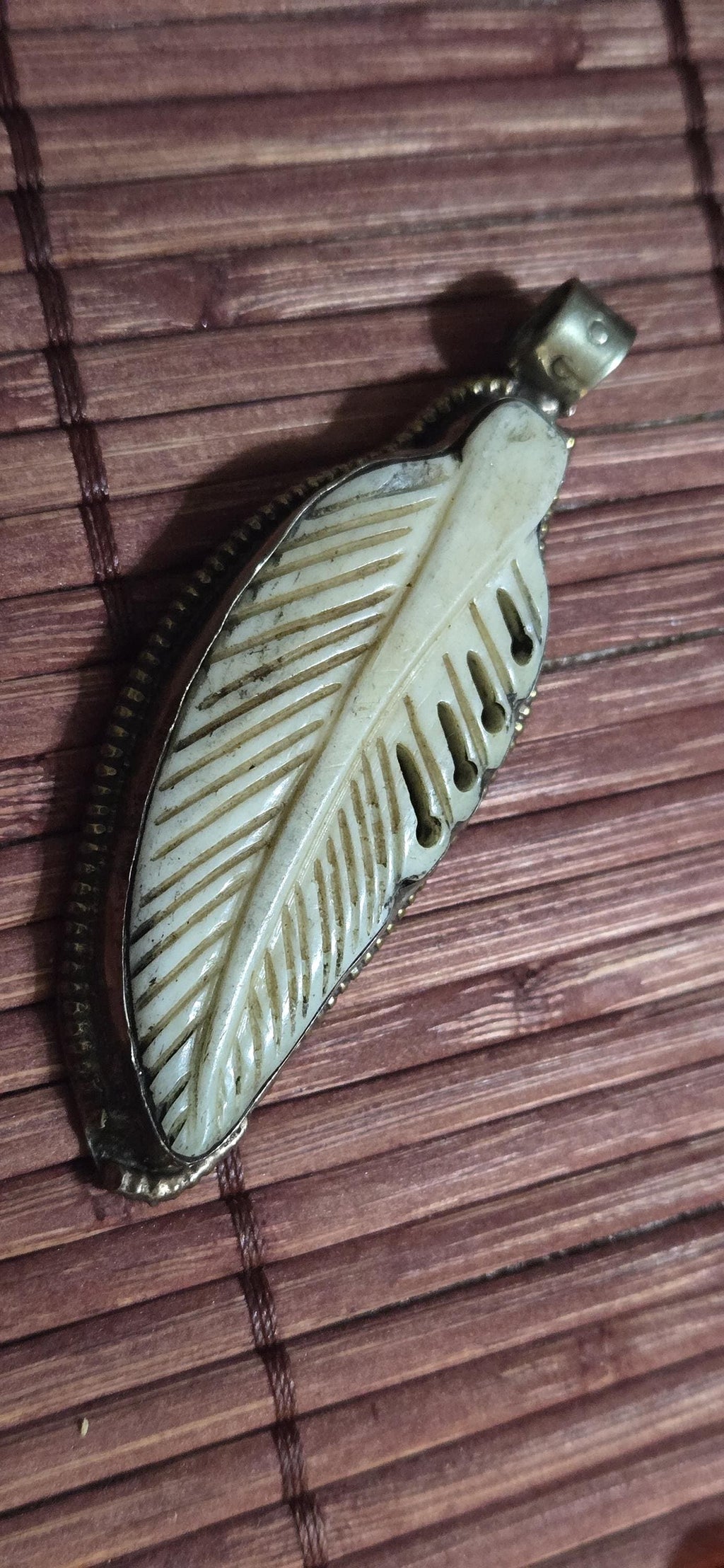 Lucky Feather recycled cattle bone carving pendant | Floral Back Design | Rustic Boho spiritual tribal amulet from Nepal - PM004E
