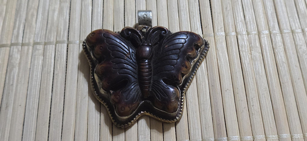 Butterfly Pendant carved recycled cattle Bone | Lotus Filigree Back | Tribal Jewelry Nepal | Spiritual Nature Symbol PM004H