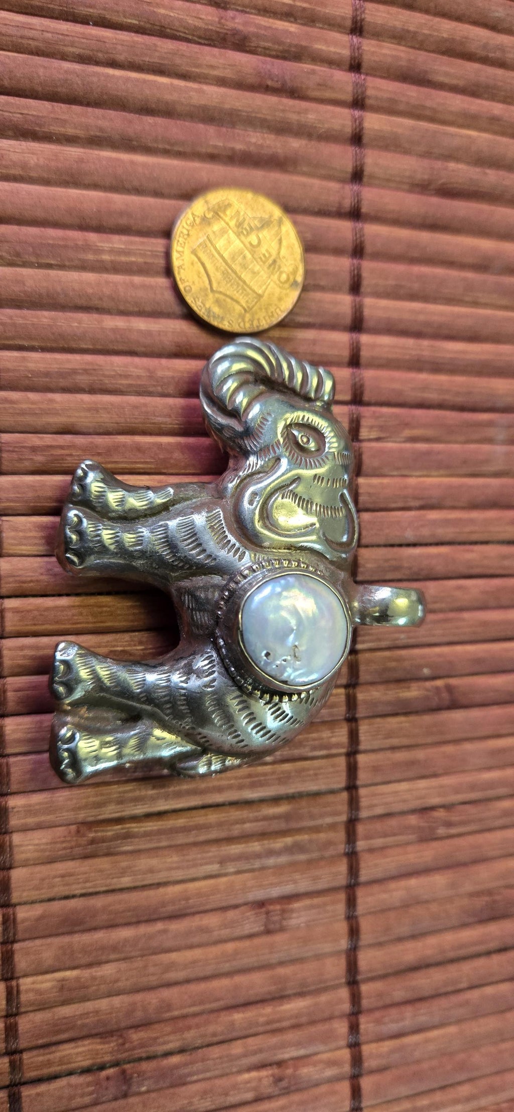 Tibetan Silver lucky Elephant Pendant with Pearl Inlay | Repousse Design | Large animal Nepal Pendant for Jewelry Making PM438F