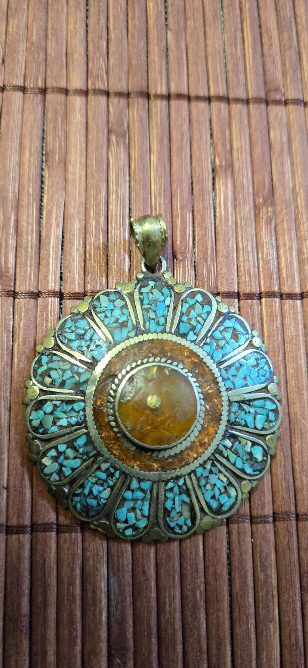 Sunflower shape Floral Shield Pendant | Large pendant with dyed coral, turquoise & traditional Tibetan Resin | in Nepal PM145C