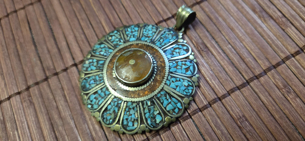 Sunflower shape Floral Shield Pendant | Large pendant with dyed coral, turquoise & traditional Tibetan Resin | in Nepal PM145C