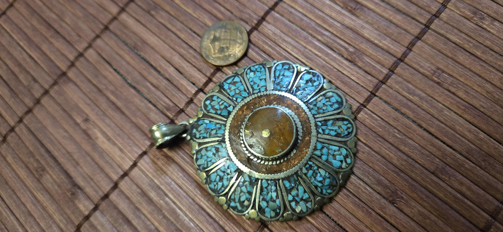 Sunflower shape Floral Shield Pendant | Large pendant with dyed coral, turquoise & traditional Tibetan Resin | in Nepal PM145C