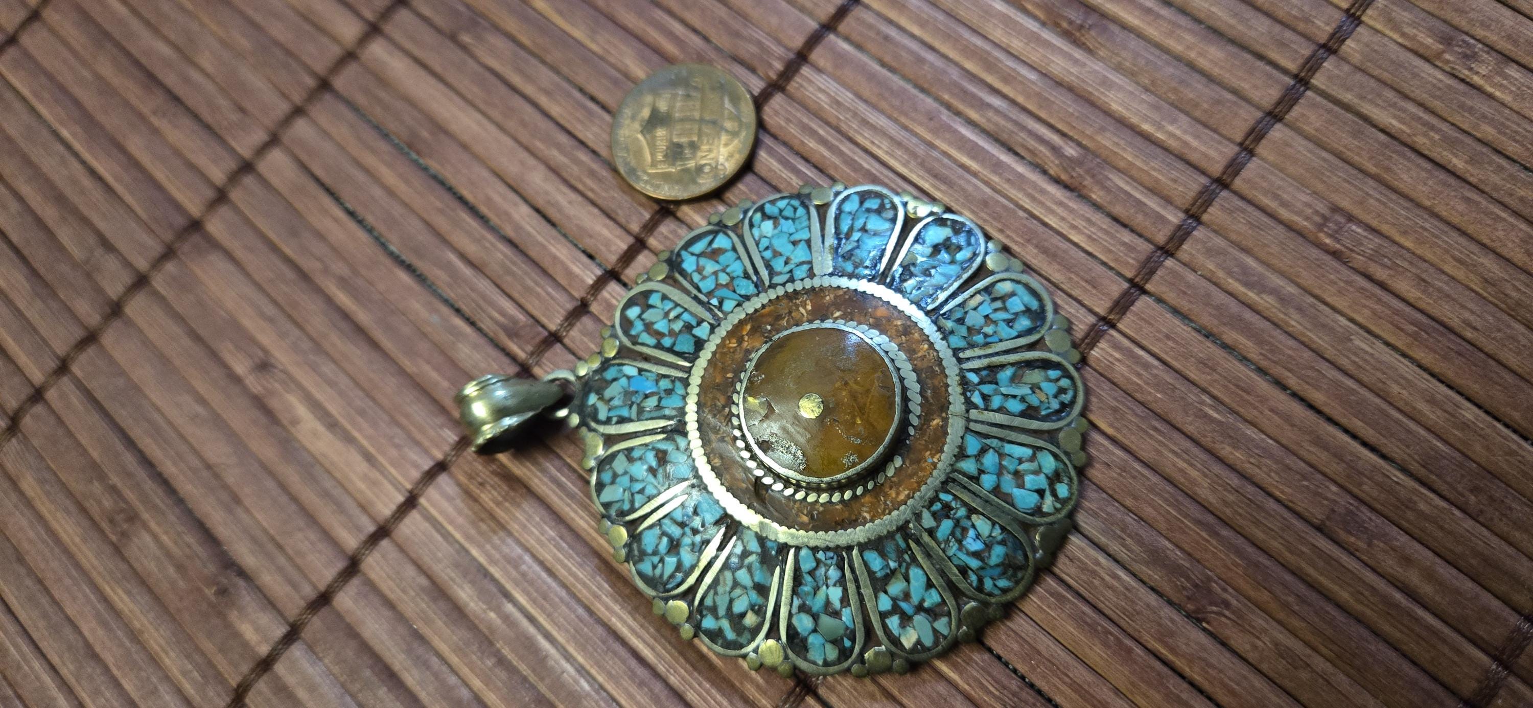 Sunflower shape Floral Shield Pendant | Large pendant with dyed coral, turquoise & traditional Tibetan Resin | in Nepal PM145C