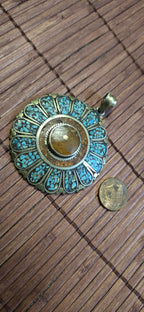 Sunflower shape Floral Shield Pendant | Large pendant with dyed coral, turquoise & traditional Tibetan Resin | in Nepal PM145C