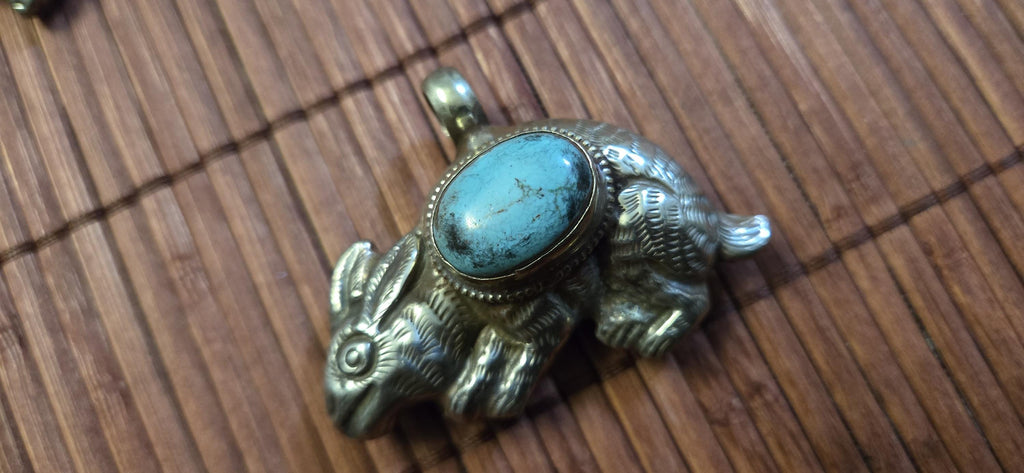 Tibetan Rabbit Pendant with turquoise Inlay | Repousse Animal Theme Jewelry | Ethnic Nepal Pendant PM438A
