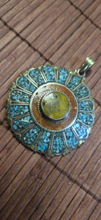 Sunflower shape Floral Shield Pendant | Large pendant with dyed coral, turquoise & traditional Tibetan Resin | in Nepal PM145D