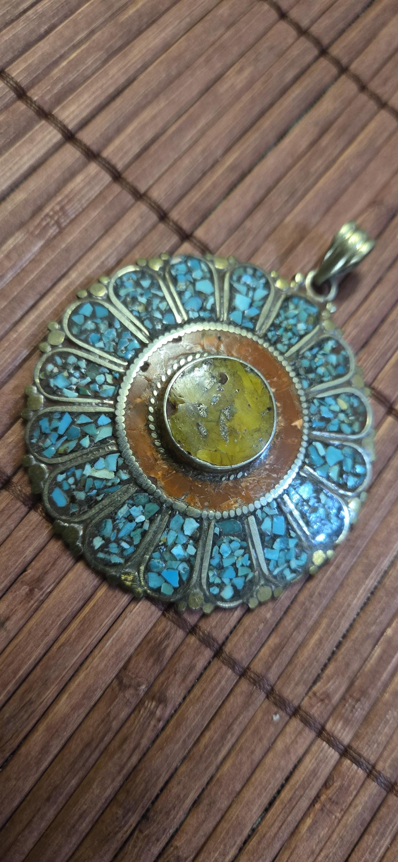 Sunflower shape Floral Shield Pendant | Large pendant with dyed coral, turquoise & traditional Tibetan Resin | in Nepal PM145D