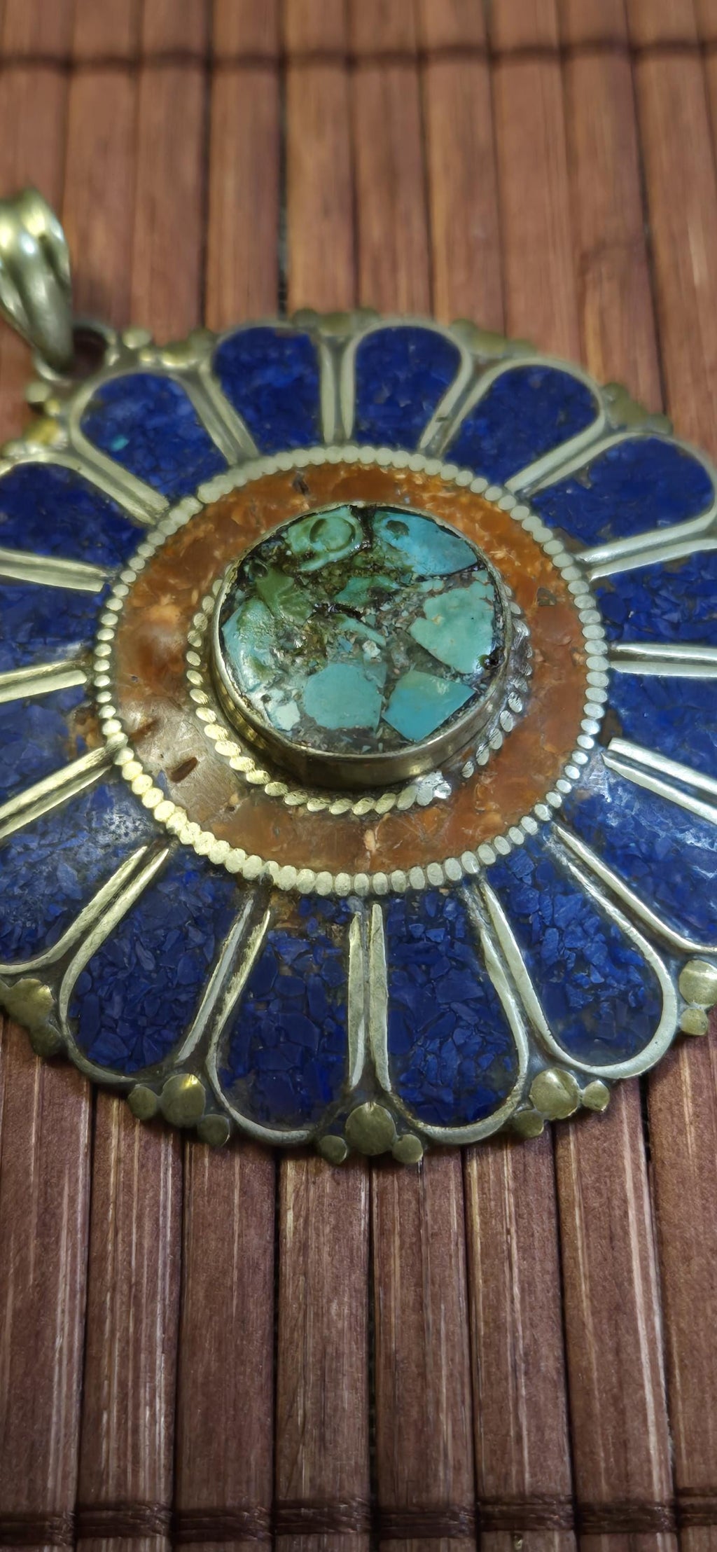 Floral Shield Pendant sunflower shape | Large pendant with dyed coral, lapis & turquoise | in Nepal PM145E