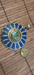 Floral Shield Pendant sunflower shape | Large pendant with dyed coral, lapis & turquoise | in Nepal PM145E