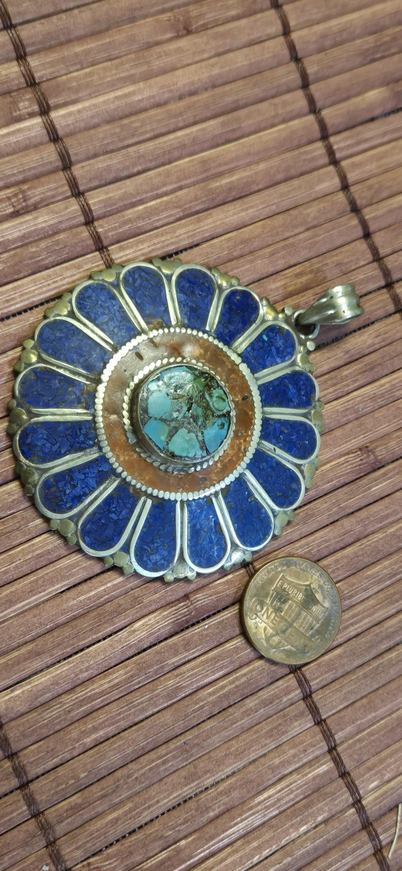 Floral Shield Pendant sunflower shape | Large pendant with dyed coral, lapis & turquoise | in Nepal PM145E