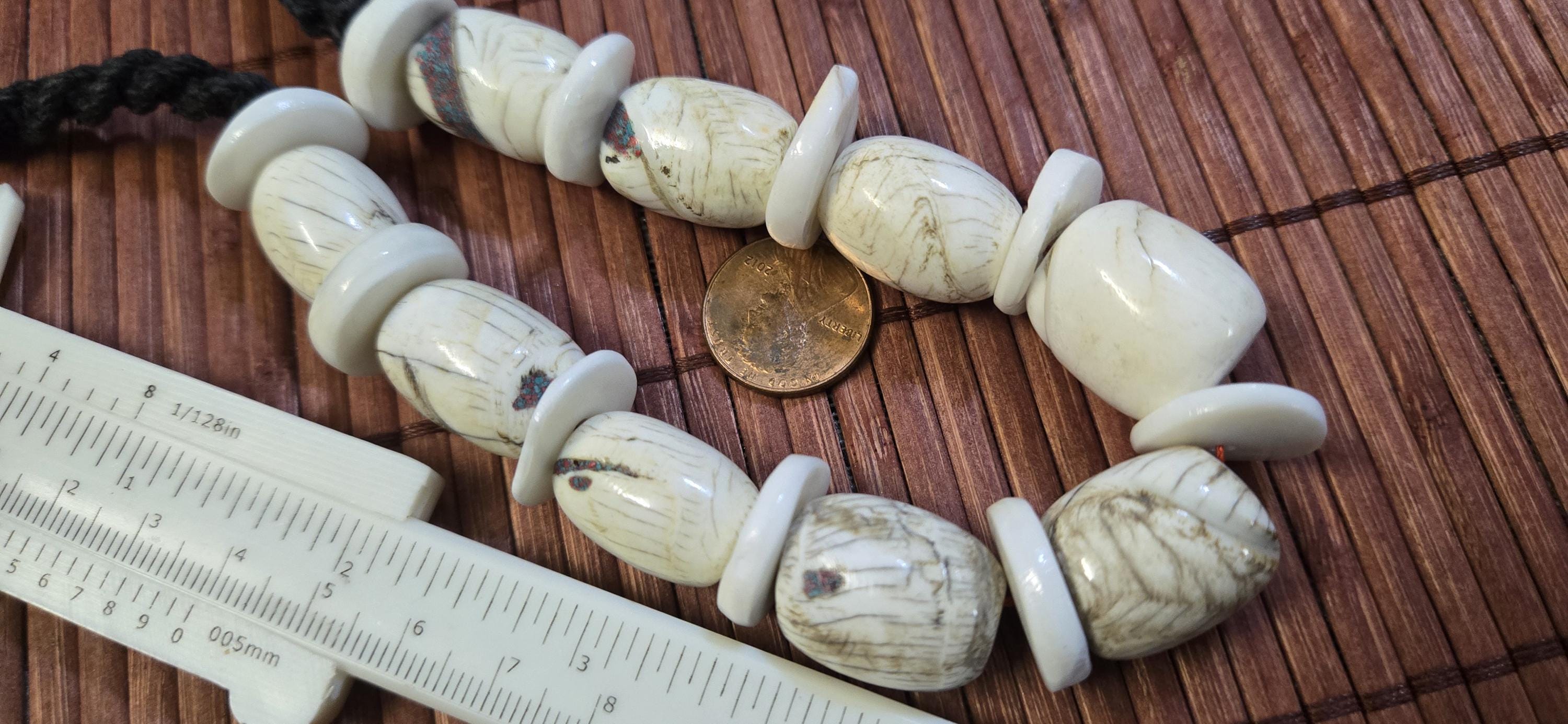 Nepal Ethnic Naga Conch Shell Beads | Barrel & Disc Tribal Inlaid Shell Bead Strand | Rustic Nepal Jewelry STR006B2