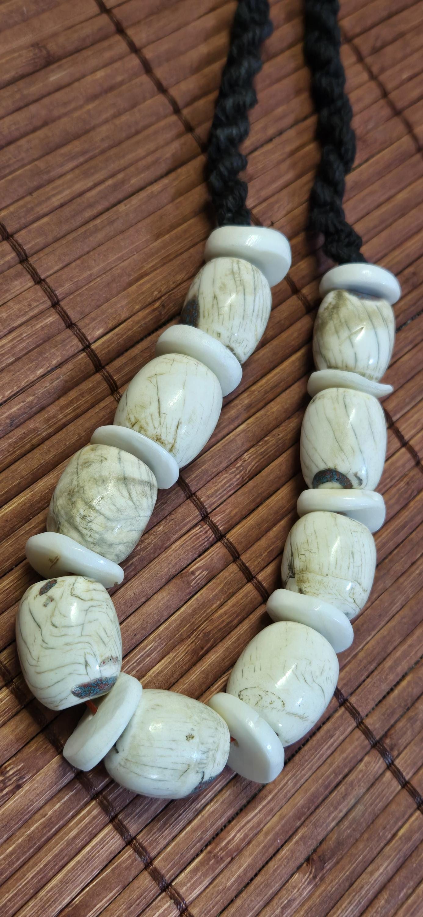 Nepal Ethnic Naga Conch Shell Beads | Barrel & Disc Tribal Inlaid Shell Bead Strand | Rustic Nepal Jewelry STR006B1