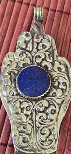 Large bold size Buddha hand pendant with Lotus flower double golden fish motif and reversible side with lapis inlay PM438T