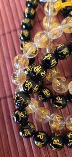10 Beads-Tibetan om mantra om mani padme hum etched mix of black agate and clear quartz beads GM417E
