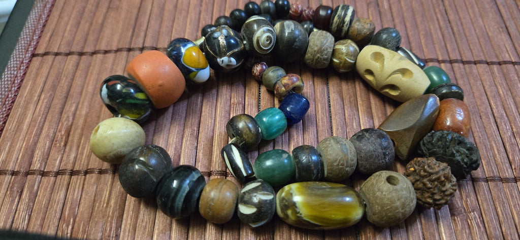 Mixed Vintage Tibetan Nepal Beads – Bone, Bodhi Seed, Glass, Wood – jewelry making Earthy beads - STR001H