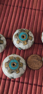 1 bead- White Crackle Resin Om Mani Bead Large 26 -27 mm Tibetan Prayer Bead with Brass & Turquoise Inlay for Buddhist Use – BD718A