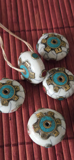 1 bead- White Crackle Resin Om Mani Bead Large 26 -27 mm Tibetan Prayer Bead with Brass & Turquoise Inlay for Buddhist Use – BD718A