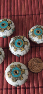 1 bead- White Crackle Resin Om Mani Bead Large 26 -27 mm Tibetan Prayer Bead with Brass & Turquoise Inlay for Buddhist Use – BD718A
