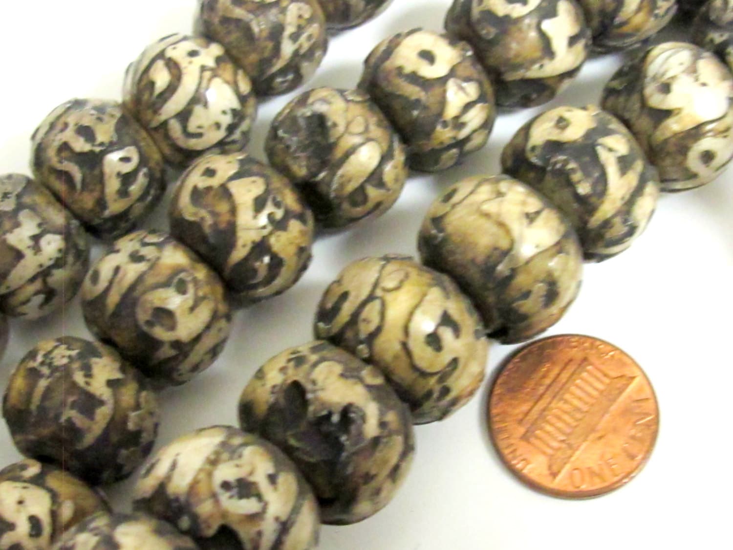 2 Beads - Large heavy Tibetan Om carved conch shell beads 15 mm - 17 mm wide x 12 - 14 mm size - CH055