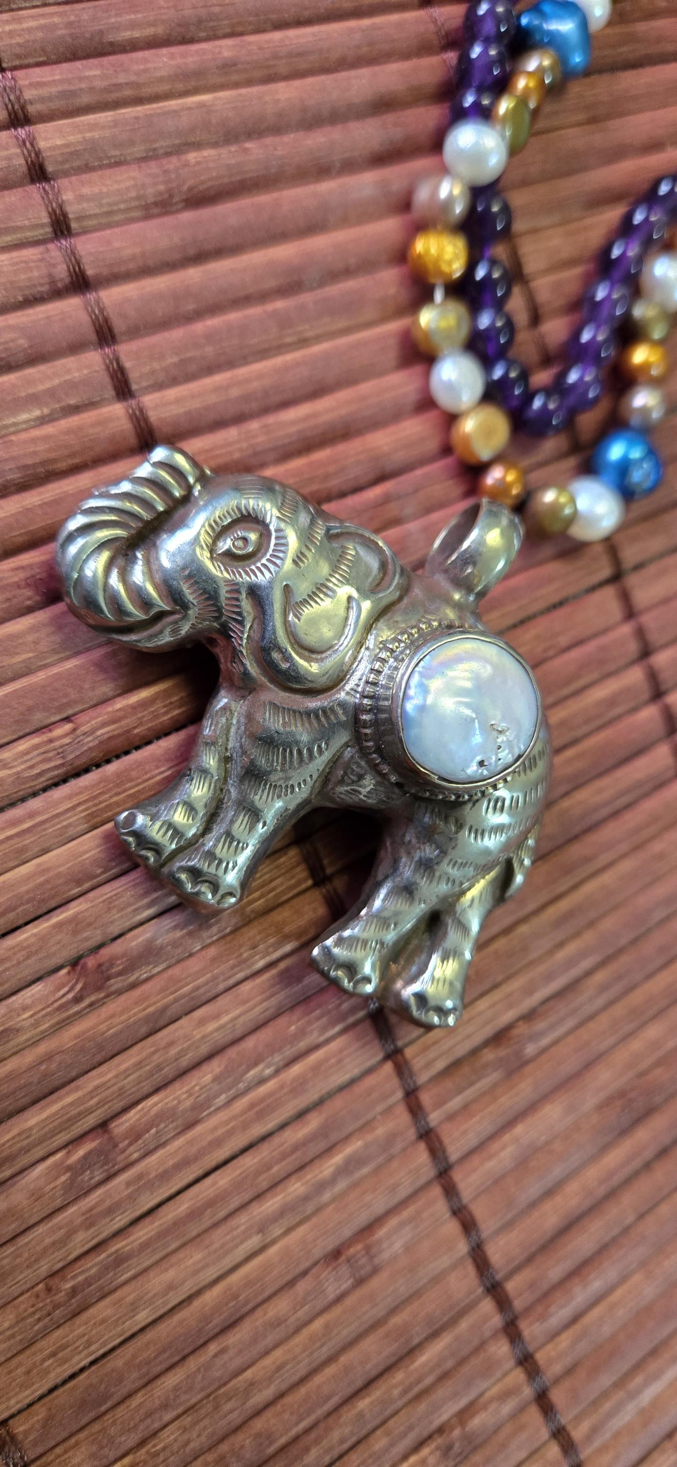 Tibetan Silver lucky Elephant Pendant with Pearl Inlay | Repousse Design | Large animal Nepal Pendant for Jewelry Making PM438F