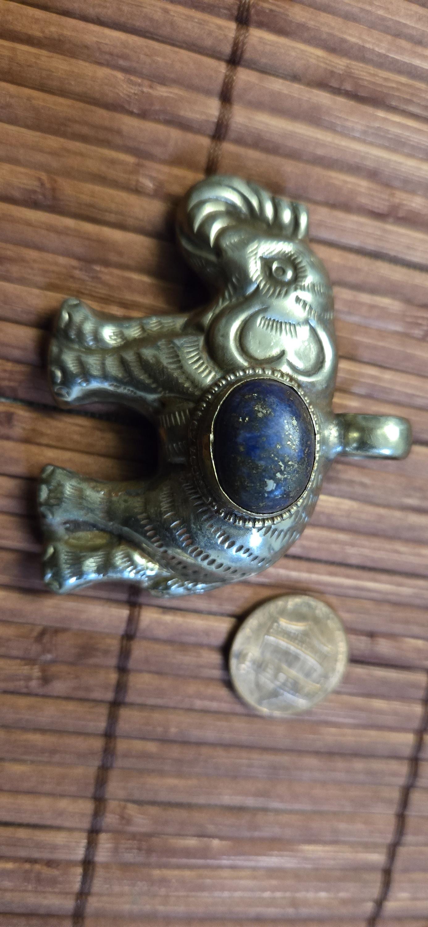 Tibetan Elephant Pendant with lapis gemstone inlay | Repousse Jewelry from Nepal | Bold Animal pendant PM438J