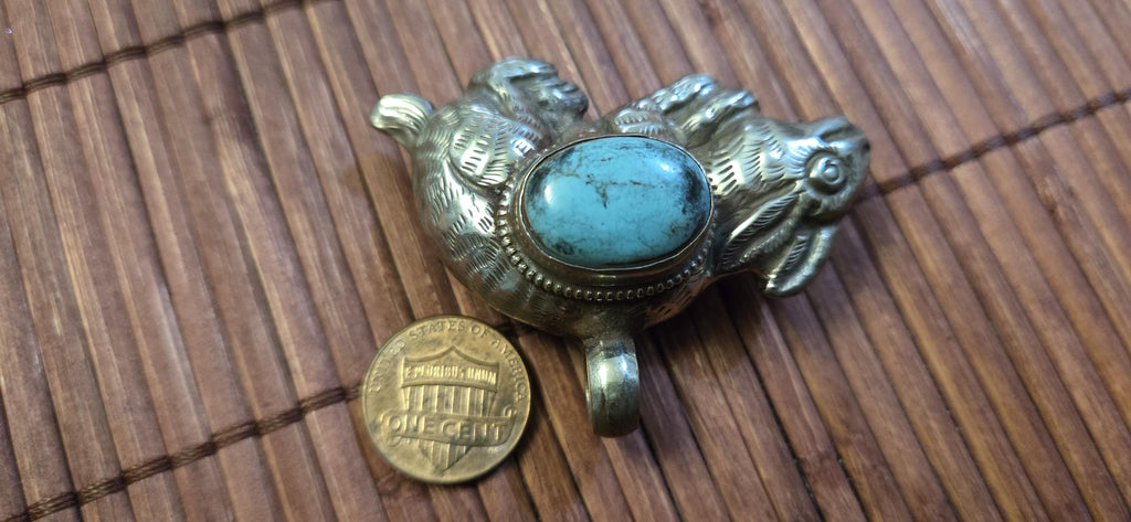 Tibetan Rabbit Pendant with turquoise Inlay | Repousse Animal Theme Jewelry | Ethnic Nepal Pendant PM438A