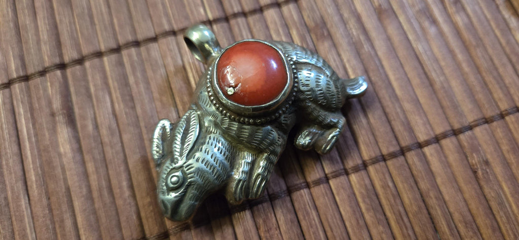 Tibetan Rabbit Pendant with coral Inlay | Repousse Animal Theme Jewelry | Ethnic Nepal Pendant PM438B