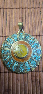 Sunflower shape Floral Shield Pendant | Large pendant with dyed coral, turquoise & traditional Tibetan Resin | in Nepal PM145D