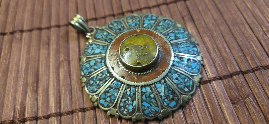 Sunflower shape Floral Shield Pendant | Large pendant with dyed coral, turquoise & traditional Tibetan Resin | in Nepal PM145D