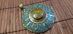 Sunflower shape Floral Shield Pendant | Large pendant with dyed coral, turquoise & traditional Tibetan Resin | in Nepal PM145D