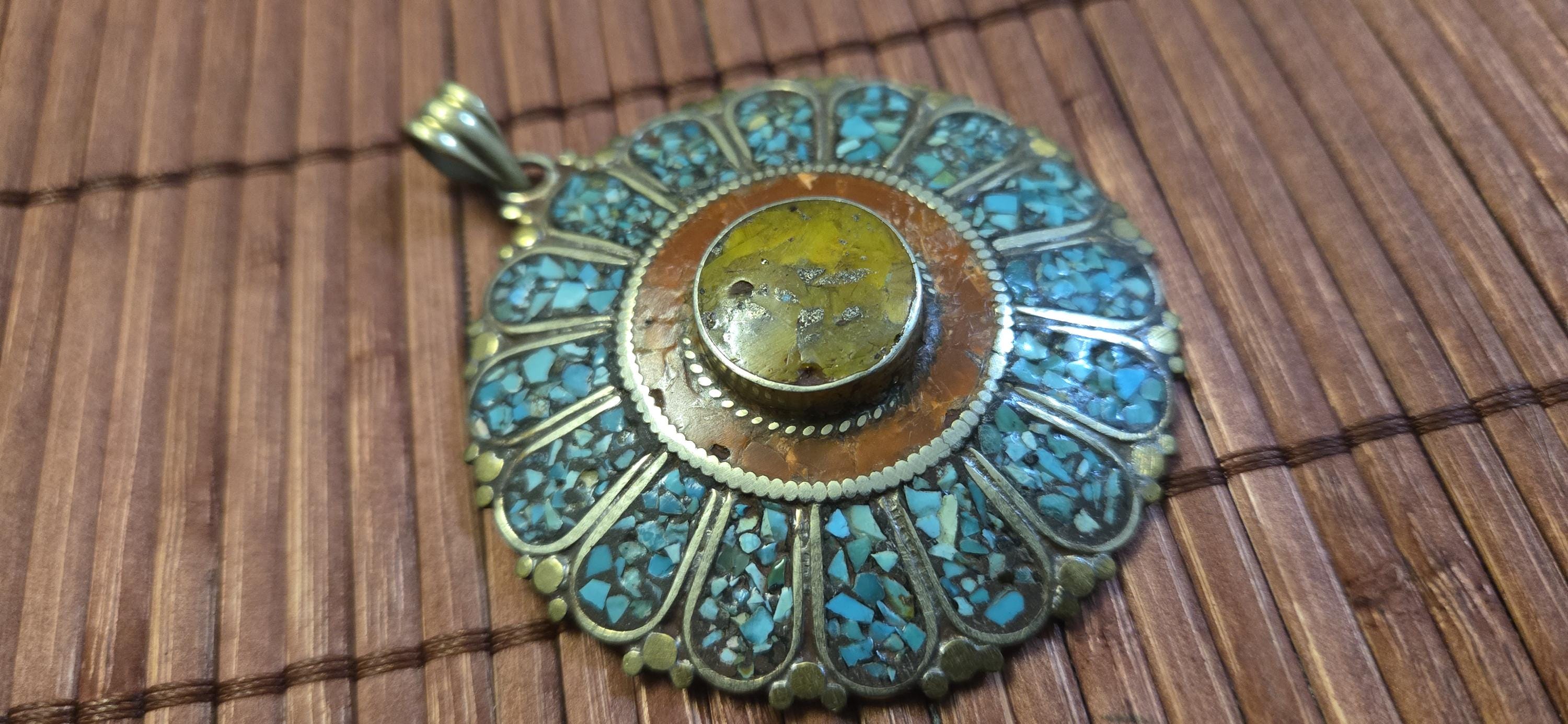 Sunflower shape Floral Shield Pendant | Large pendant with dyed coral, turquoise & traditional Tibetan Resin | in Nepal PM145D