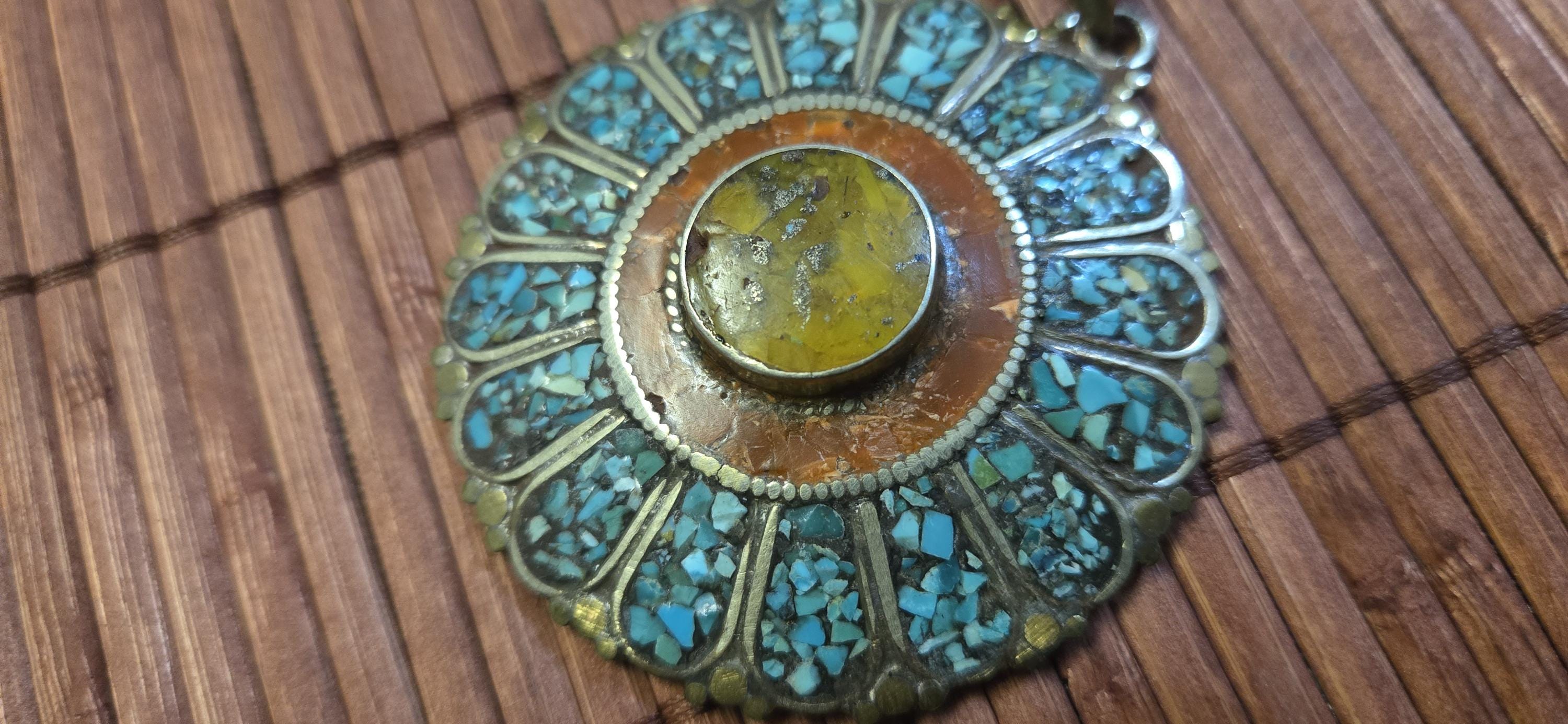Sunflower shape Floral Shield Pendant | Large pendant with dyed coral, turquoise & traditional Tibetan Resin | in Nepal PM145D