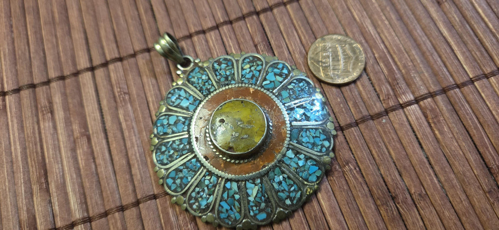 Sunflower shape Floral Shield Pendant | Large pendant with dyed coral, turquoise & traditional Tibetan Resin | in Nepal PM145D