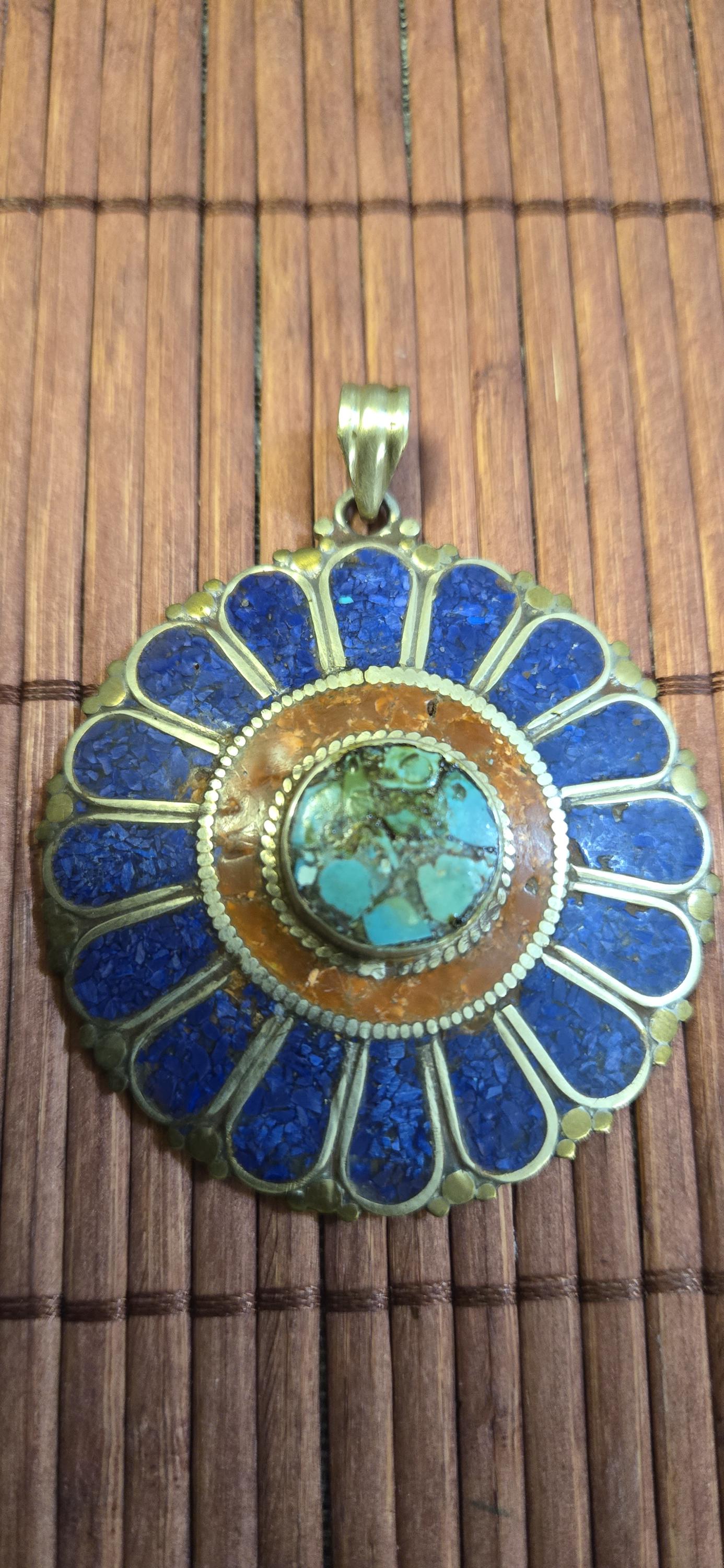 Floral Shield Pendant sunflower shape | Large pendant with dyed coral, lapis & turquoise | in Nepal PM145E