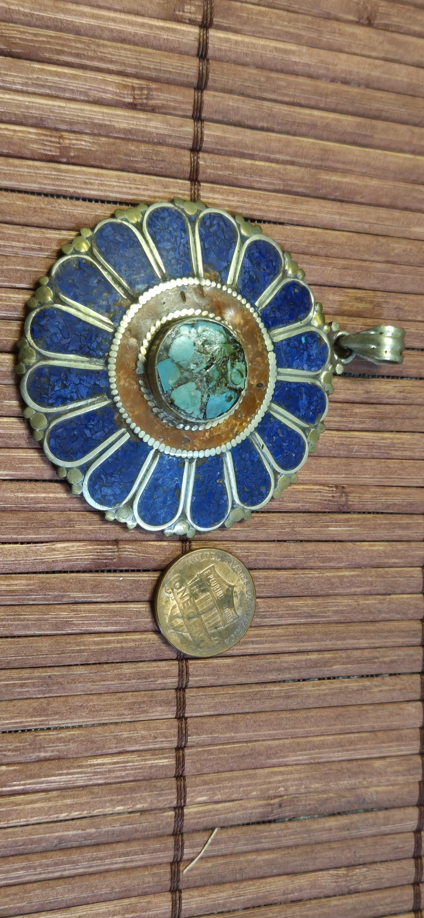 Floral Shield Pendant sunflower shape | Large pendant with dyed coral, lapis & turquoise | in Nepal PM145E