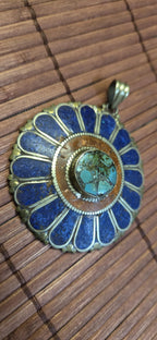 Floral Shield Pendant sunflower shape | Large pendant with dyed coral, lapis & turquoise | in Nepal PM145E