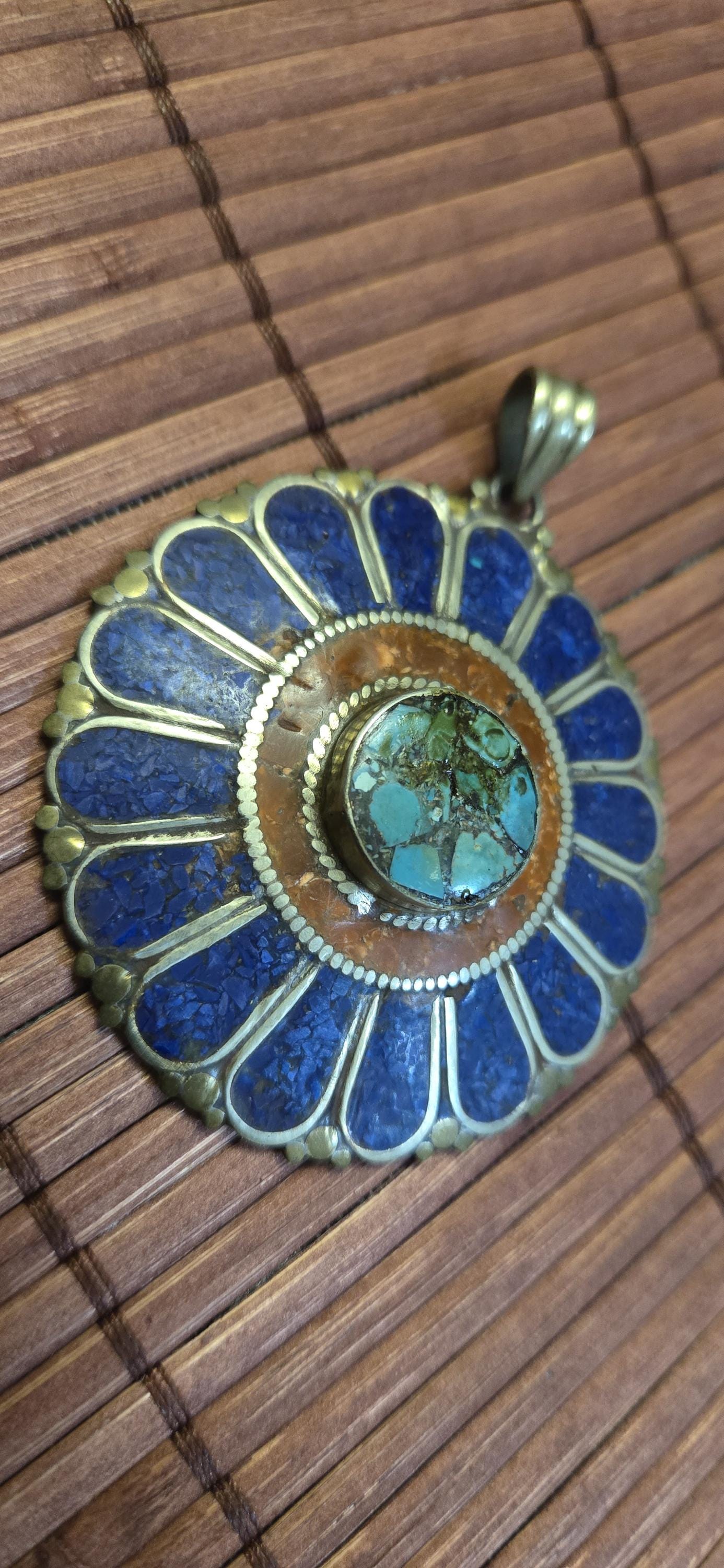 Floral Shield Pendant sunflower shape | Large pendant with dyed coral, lapis & turquoise | in Nepal PM145E