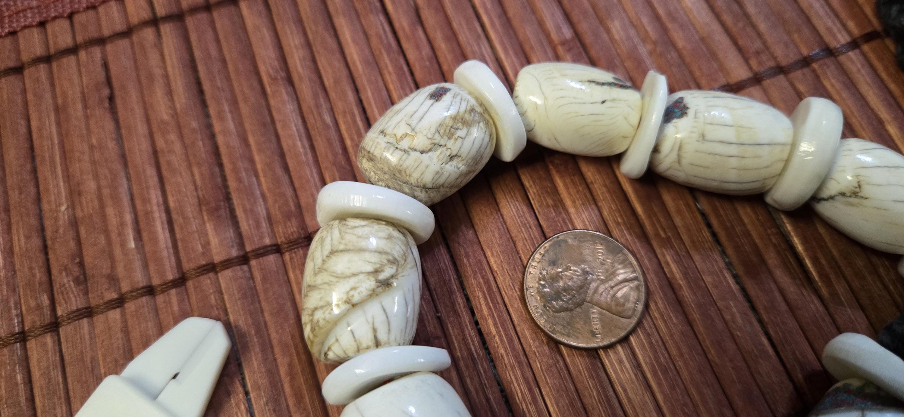 Nepal Ethnic Naga Conch Shell Beads | Barrel & Disc Tribal Inlaid Shell Bead Strand | Rustic Nepal Jewelry STR006B2