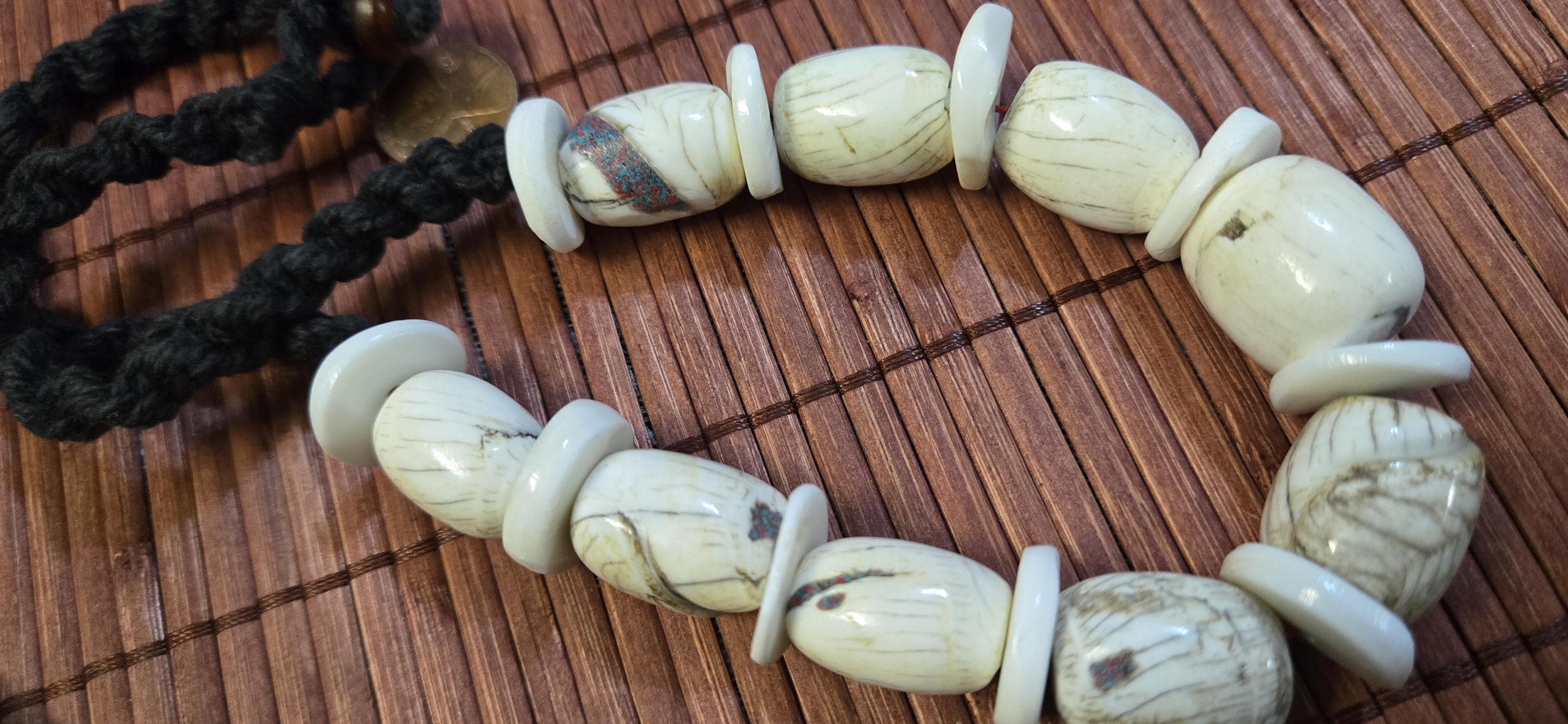 Nepal Ethnic Naga Conch Shell Beads | Barrel & Disc Tribal Inlaid Shell Bead Strand | Rustic Nepal Jewelry STR006B2