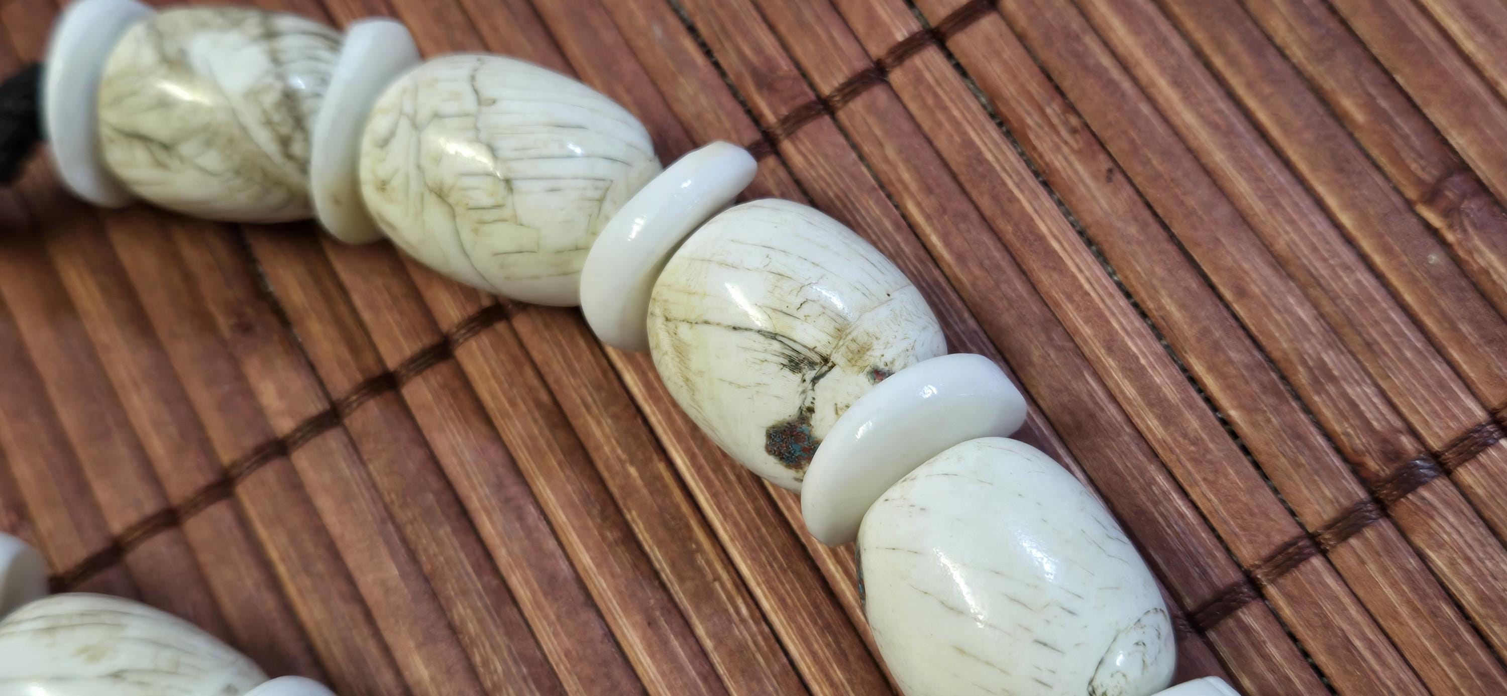 Nepal Ethnic Naga Conch Shell Beads | Barrel & Disc Tribal Inlaid Shell Bead Strand | Rustic Nepal Jewelry STR006B1