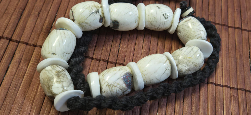 Nepal Ethnic Naga Conch Shell Beads | Barrel & Disc Tribal Inlaid Shell Bead Strand | Rustic Nepal Jewelry STR006B1
