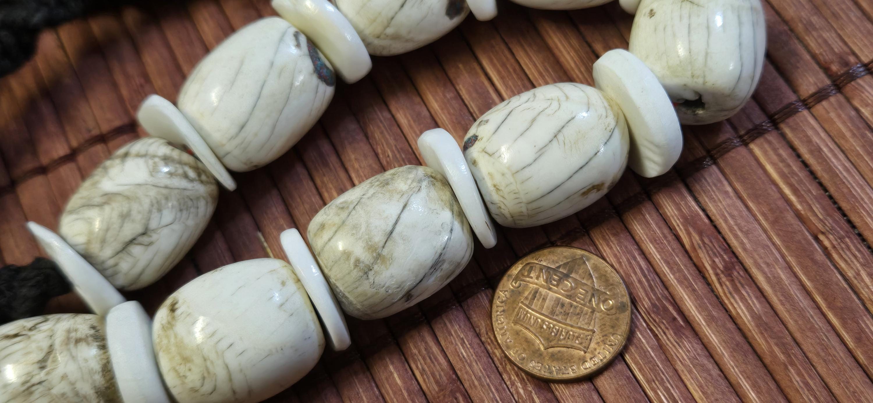 Nepal Ethnic Naga Conch Shell Beads | Barrel & Disc Tribal Inlaid Shell Bead Strand | Rustic Nepal Jewelry STR006B1