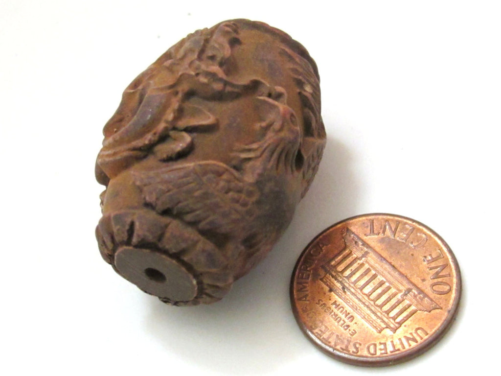 1 BEAD - Large Tibetan dragon phoenix etched barrel shape stony bead - BD613