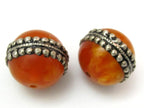 2 BEADS - Large Tibetan silver encased thick honey copal Resin focal pendant bead - BD615A