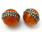 2 BEADS - Large Tibetan silver encased thick honey copal Resin focal pendant bead - BD615A