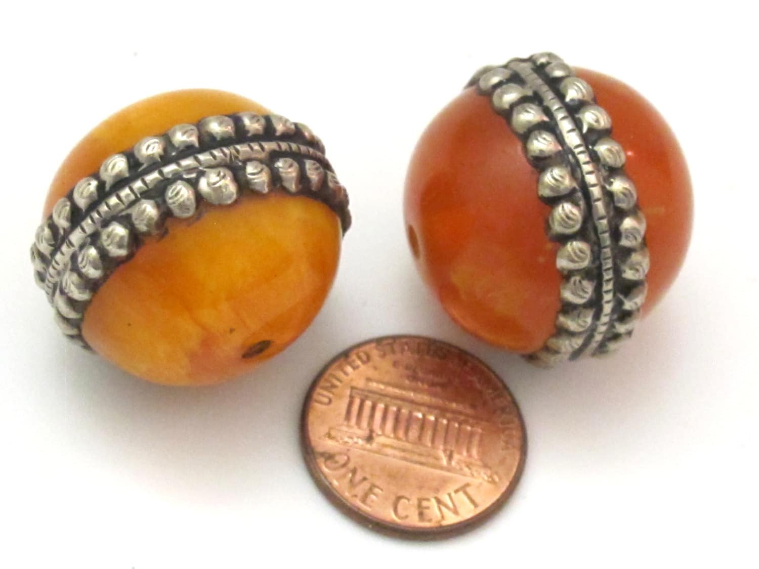 2 BEADS - Large Tibetan silver encased thick honey copal Resin focal pendant bead - BD615A