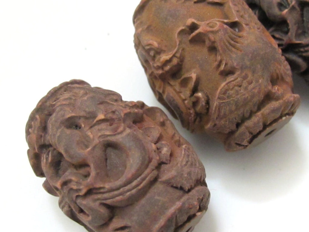 1 BEAD - Large Tibetan dragon phoenix etched barrel shape stony bead - BD613