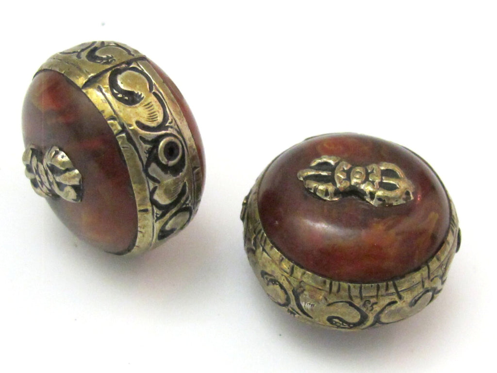 1 BEAD - Reversible Large size Tibetan Silver band copal Resin Dorje vajra pendant bead - BD616B