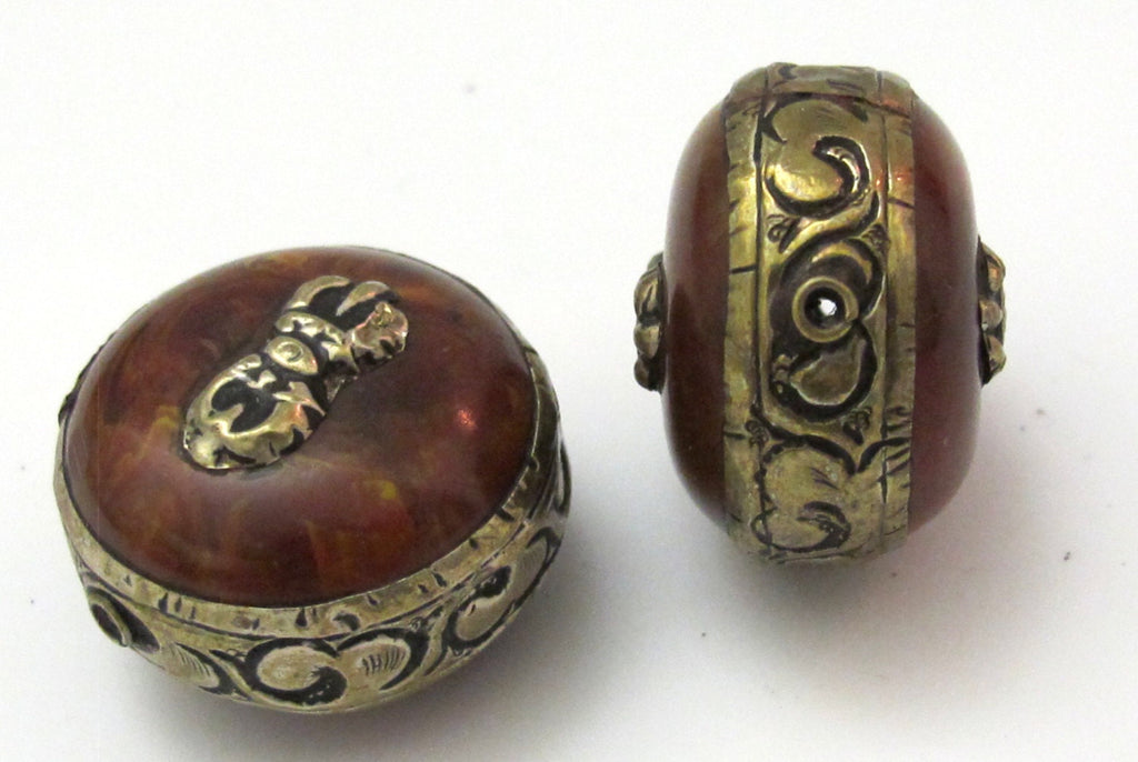 1 BEAD - Reversible Large size Tibetan Silver band copal Resin Dorje vajra pendant bead - BD616B