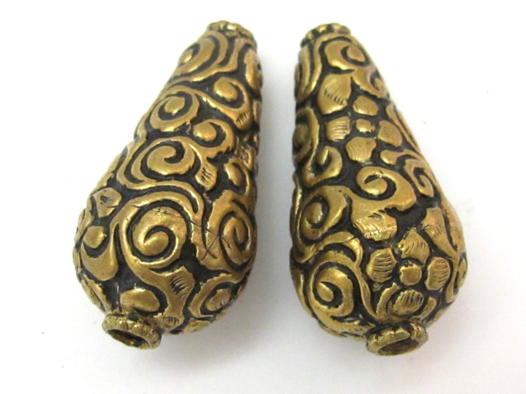 2 BEADS - Tibetan beads repousse cone shape brass beads antiqued gold tone with detailed floral repousse from Nepal - BD618